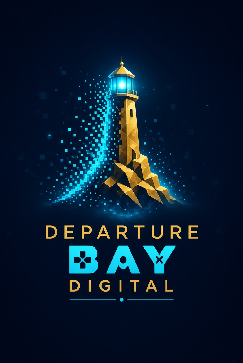 Crystalline — gold lighthouse brand art dissolving into cyan digital light